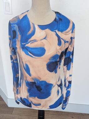 MARINA Blue and Peach Abstract Floral Long-Sleeve Top